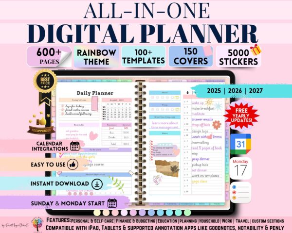 All In One Digital Planner 2025 2026 2027, Digital Planner, Digital Journal, Digital Goodnotes Template, Weekly, Daily Planner, Monthly plan